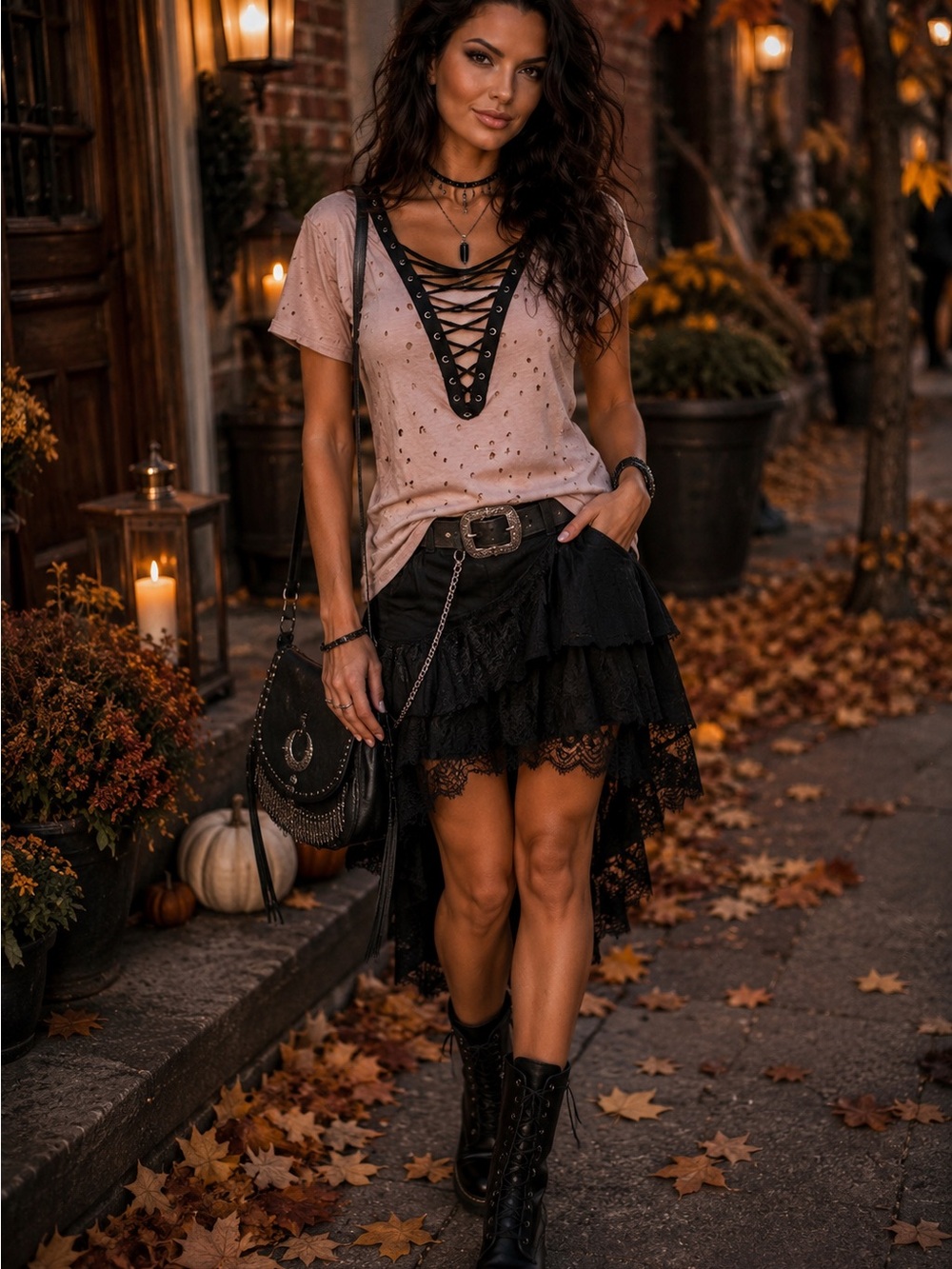 Gypsies & Moondust Dusty Pink Lace-Up Distressed Short Sleeve Top
